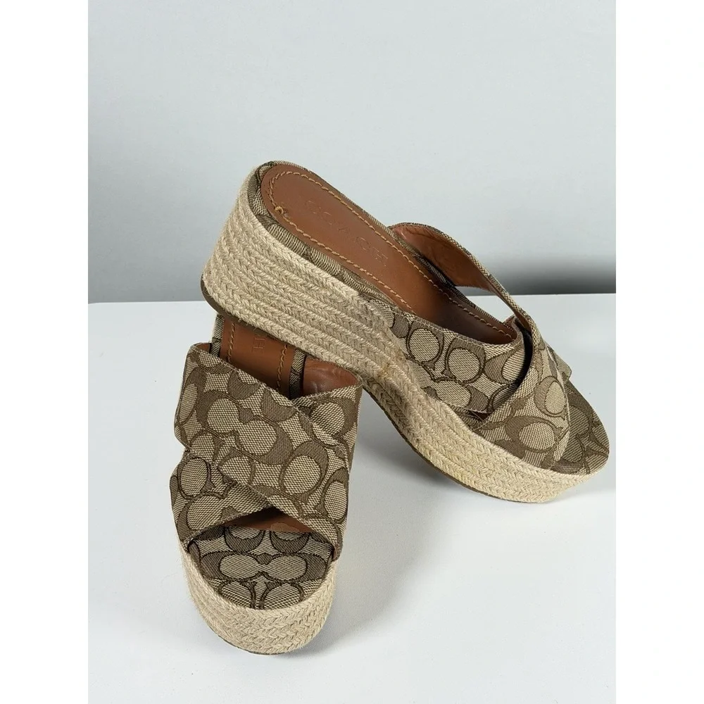 Womens Size 7.5B Coach Slide Espadrille Wedge With Signature Coach Print